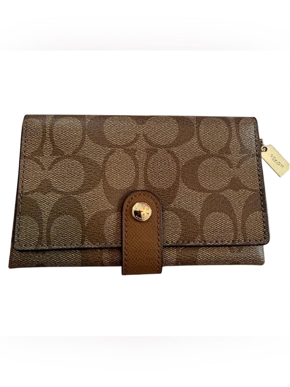 COACH LIKE NEW SIGNATURE BROWN CANVAS WALLET WITH GOLD ACCENTS